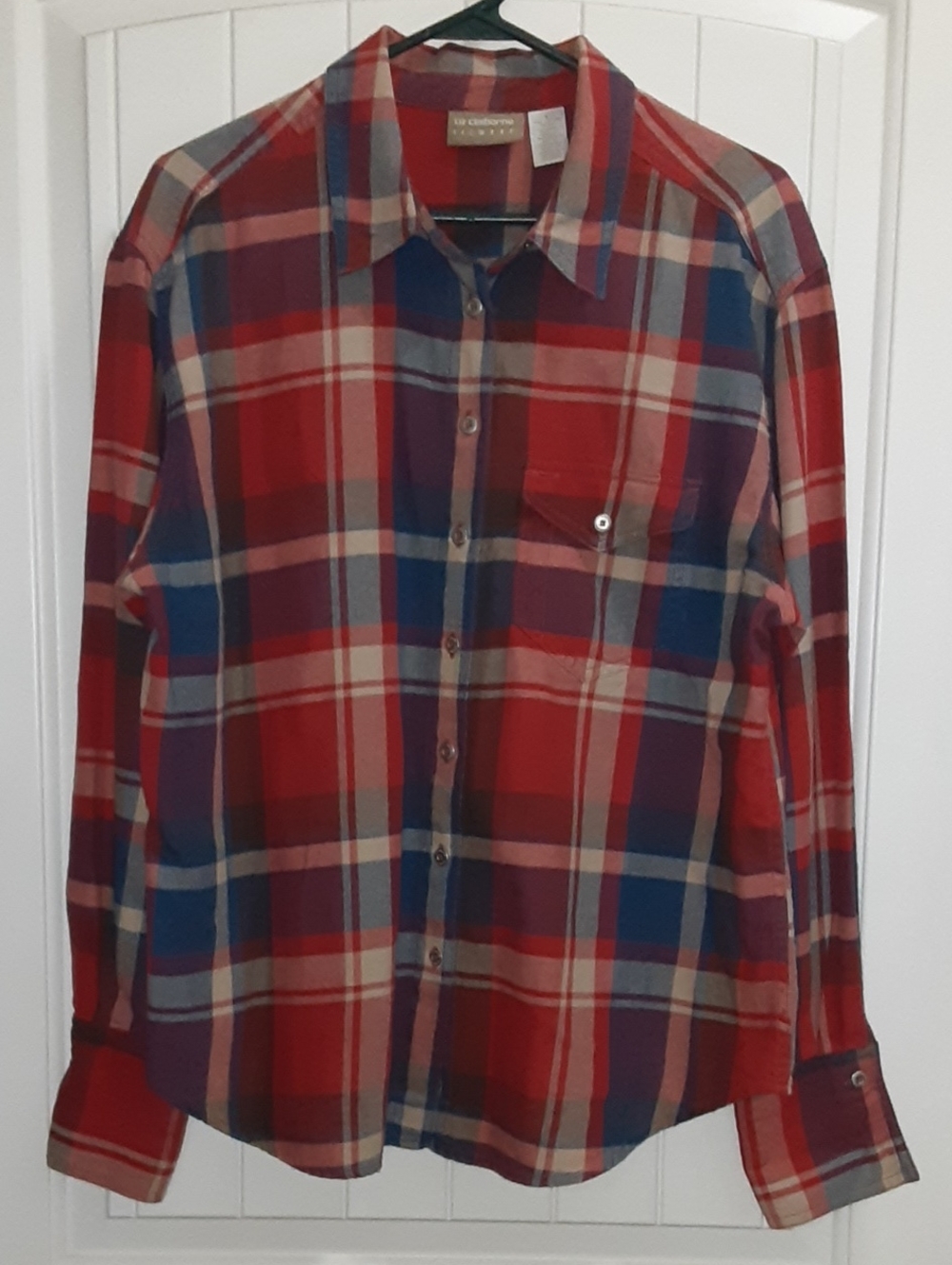 Vintage Lizwear Liz Claiborne Red Plaid Flannel Button Down Shirt Size L EUC